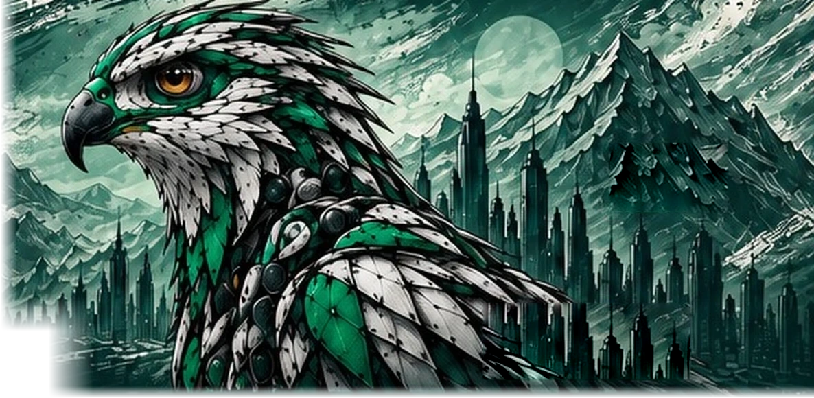 The approved mechanical Peregrine, mountains and future city.